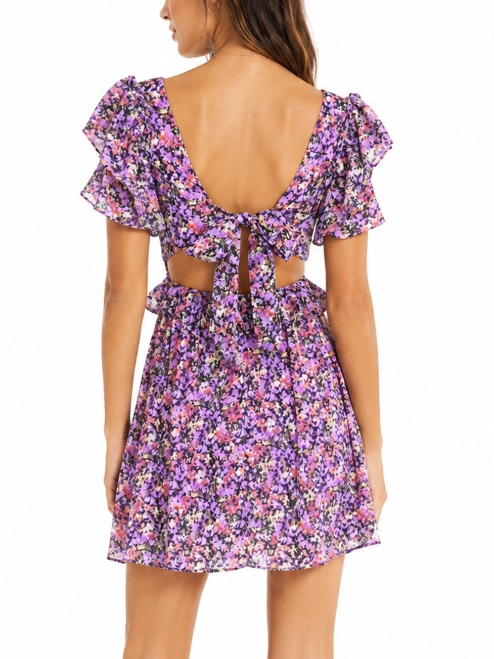 NWOT All in Favor Purple Floral Cutout Ruffle Sleeve Mini Dress w Bow